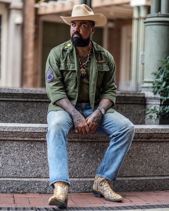 Army Jacket with Blue Jeans and cowboy Boots 